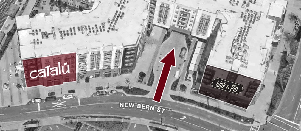 Parking map, showing available parking off of New Bern Street in between Catalu and Link & Pin